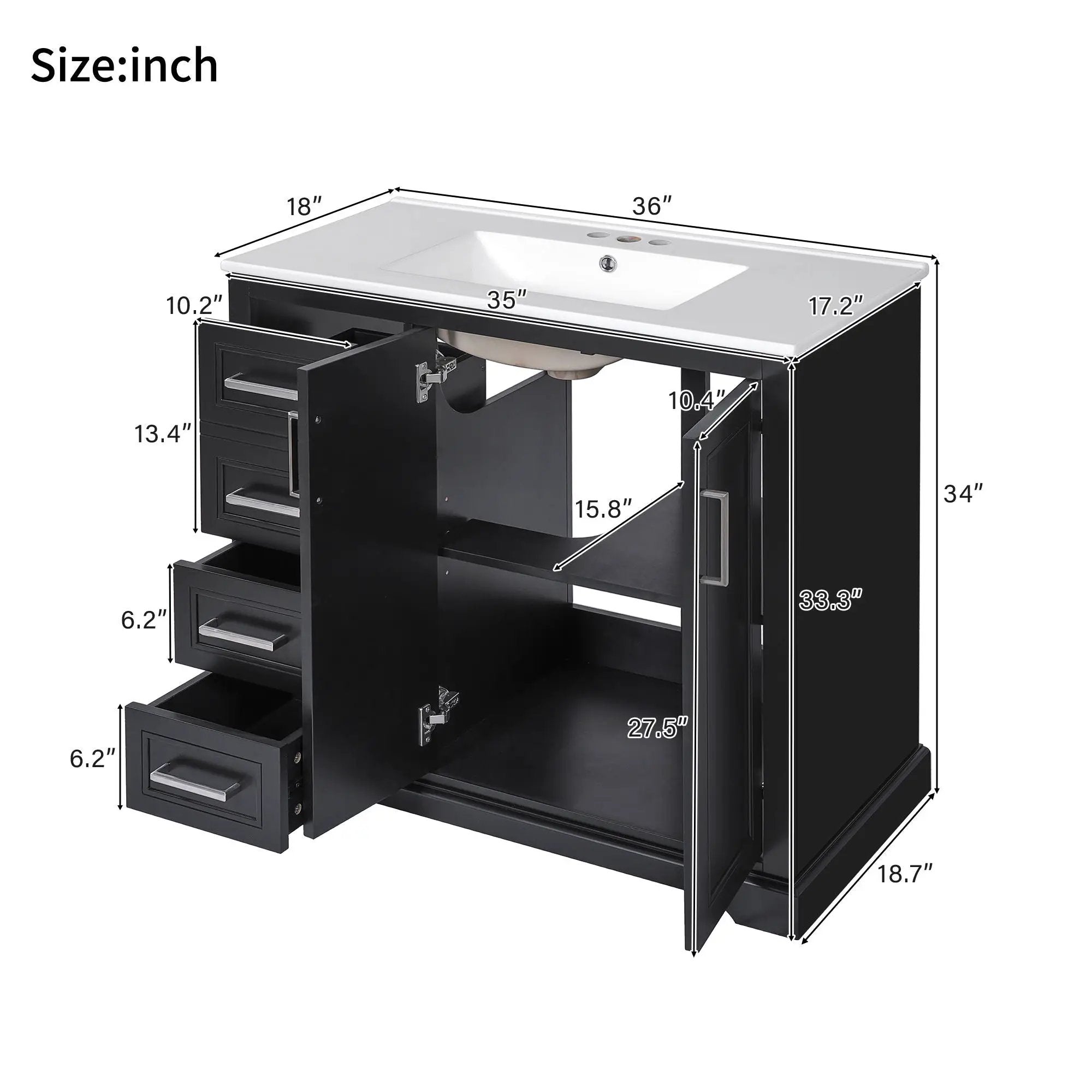 Bathroom Vanity With Sink, Soft Close Doors, Adjustable Shelf & 3 Drawers by Unique Piece Furniture