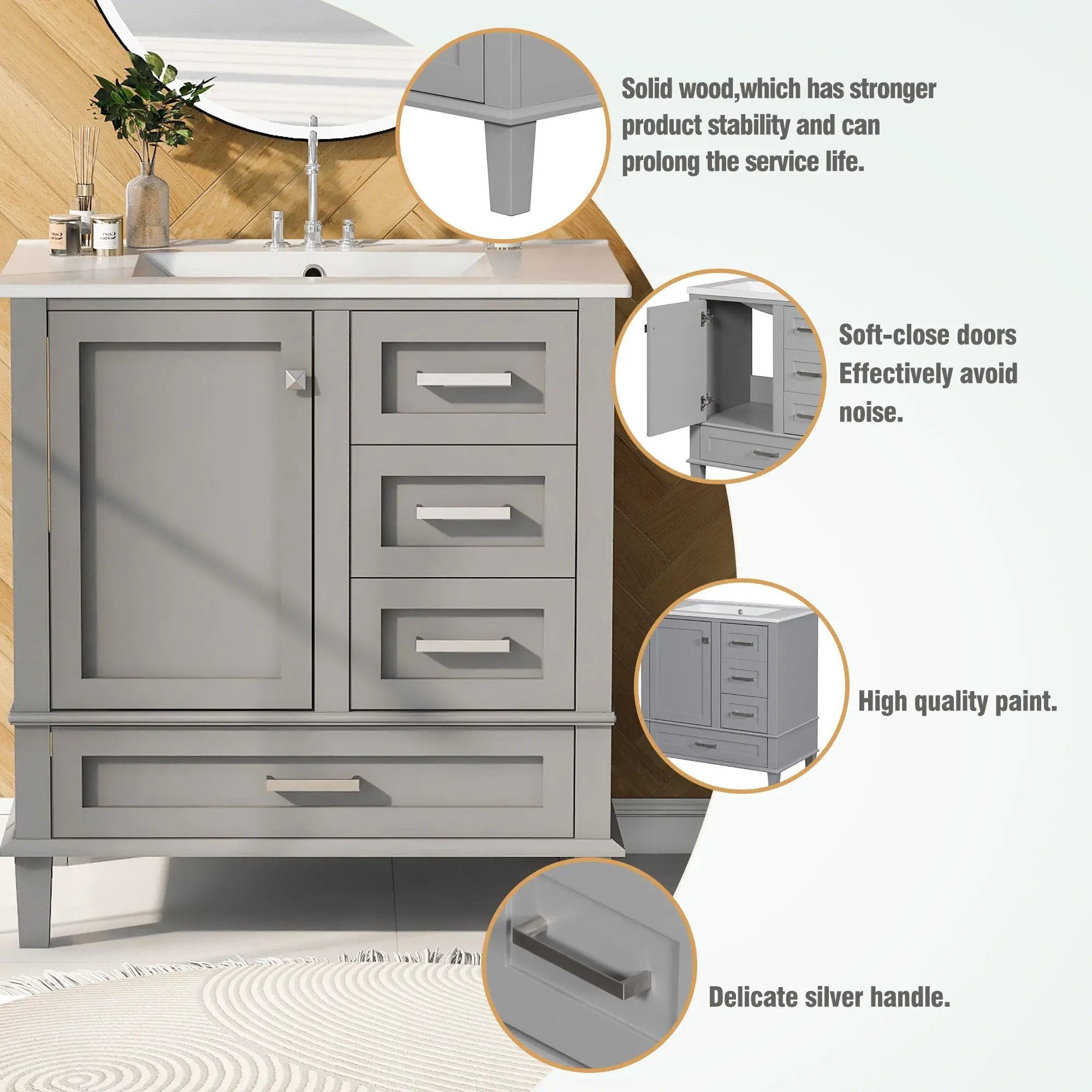 Bathroom Vanity, Modern Bathroom Cabinet With Sink Combo Set, Bathroom Storage Cabinet With A Soft Closing Door And 3 Drawers, Solid Wood Frame by HouseOfZazla
