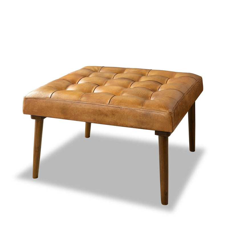 Tufted Square Genuine Upholstered Ottoman with High-Density Foam - Light Brown