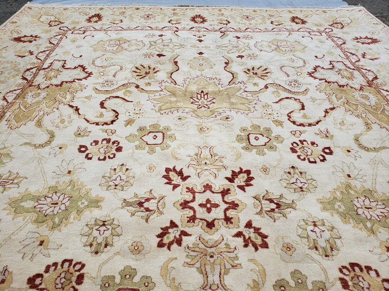 Vintage Oushak Area Rug, Hand-Knotted, Wool, Cream Beige Maroon, 10x15 Rug, 10x14 Rug, Large Oriental Carpet by Jewel Rugs