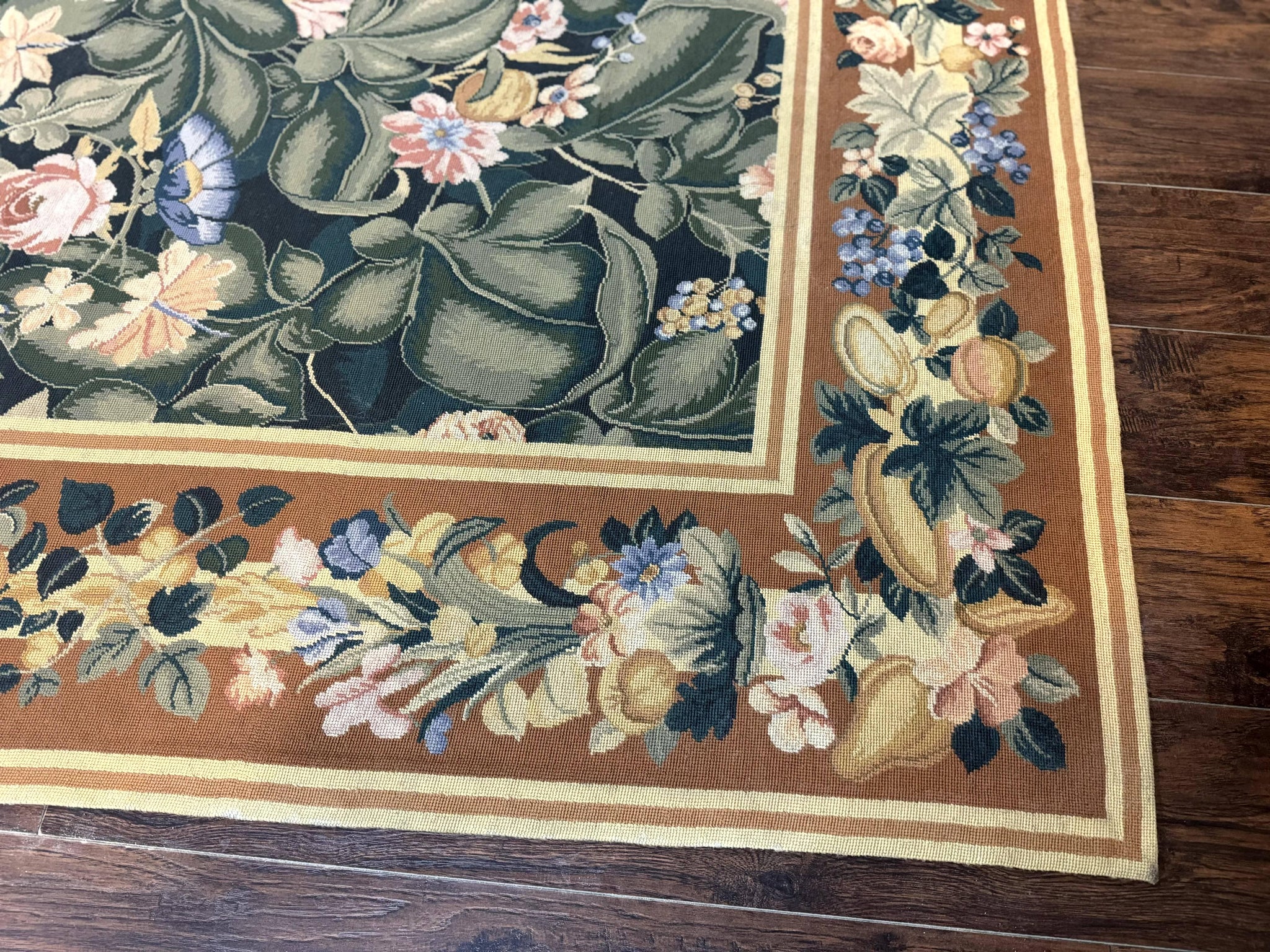 Needlepoint Rug 8x10, Vintage, Handmade, Wool, Green, Leaves & Fruits by Jewel Rugs