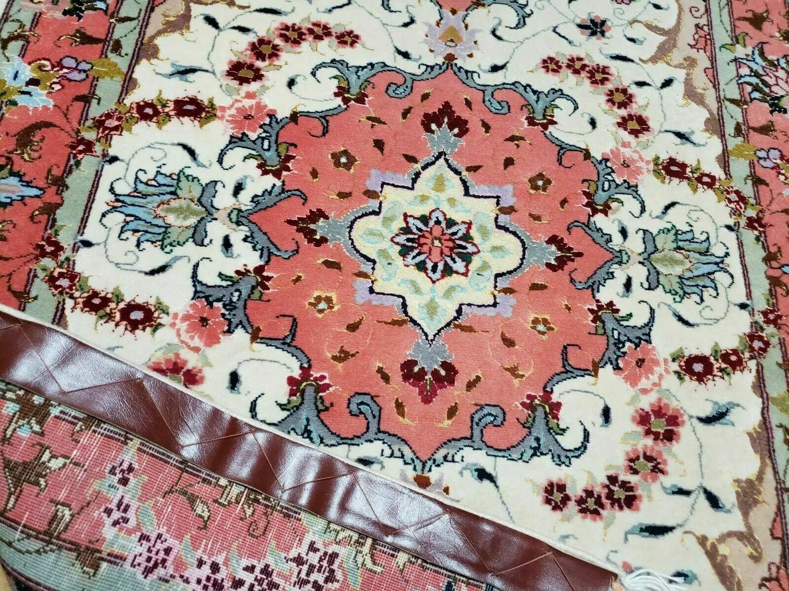 Small Vintage Persian Tabriz Wool and Silk Rug 2.5 x 4 ft, Very Finely Hand Knotted, Medallion, Ivory Salmon Light Blue, Top Quality, Pair A by Jewel Rugs