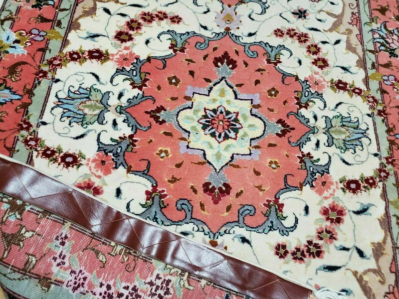 Small Vintage Persian Tabriz Wool and Silk Rug 2.5 x 4 ft, Very Finely Hand Knotted, Medallion, Ivory Salmon Light Blue, Top Quality, Pair A by Jewel Rugs