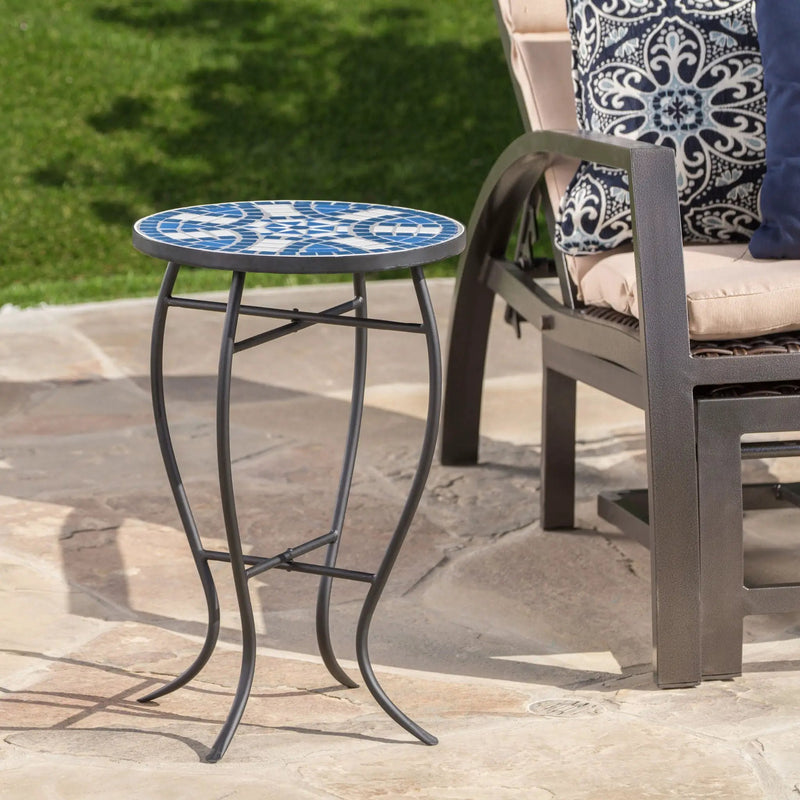 Outdoor Round Side Table With Mosaic Style Top And Curved Iron Legs - Blue / Matte Black by HouseOfZazla