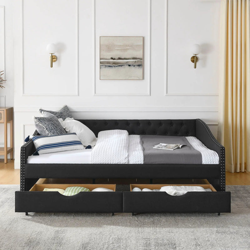 Upholstered Tufted Daybed With 2 Drawers, Waved Arms by Unique Piece Furniture