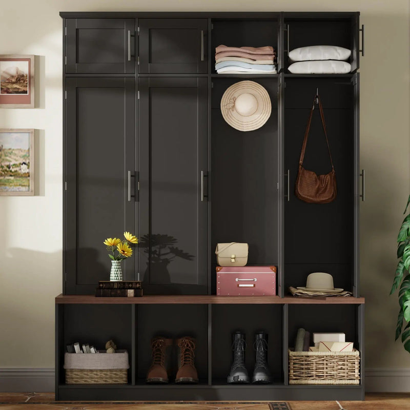 Farmhouse Hall Tree with 4 Hidden Hanging Hooks and Storage Bench by HouseOfZazla