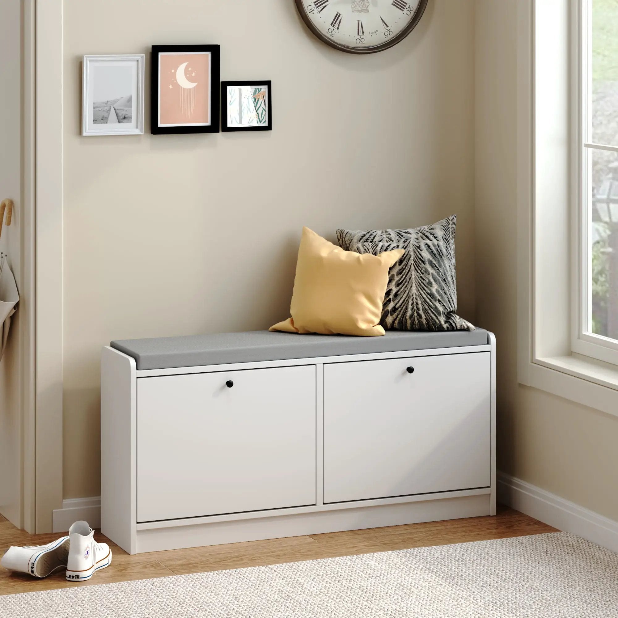 Shoe Storage Bench With Cushion, Entryway Organizer Cabinet For Hallway - White by Unique Piece Furniture