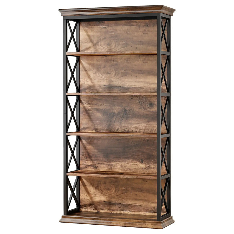 6 Tier Industrial Brown & Bookshelf With X Pattern Design - Rustic Brown by HouseOfZazla