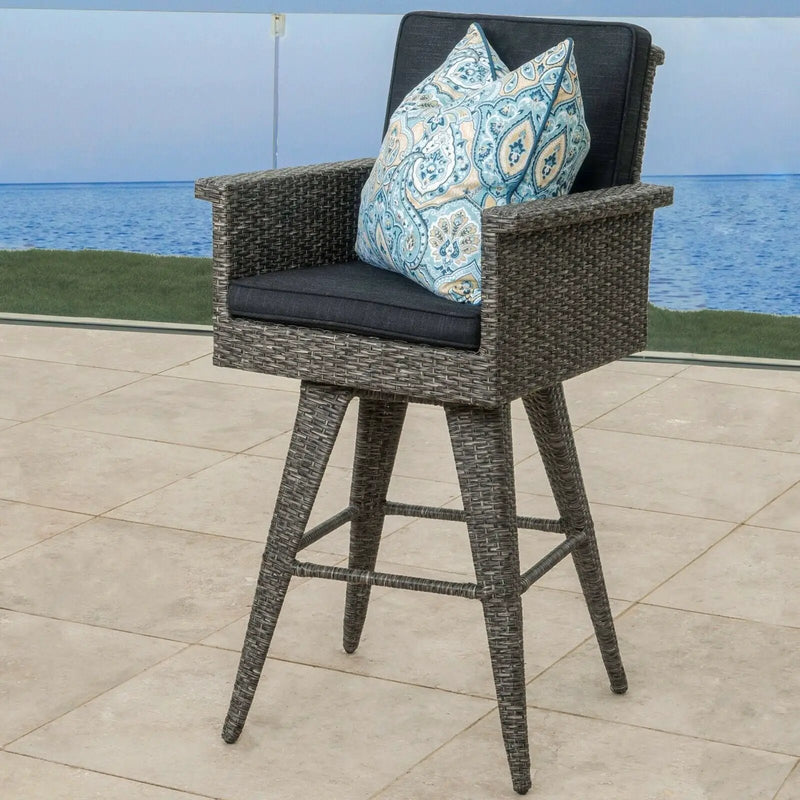 Outdoor Rattan Swivel Barstool With Water Resistant Cushion - Mixed Black / Dark Gray by HouseOfZazla