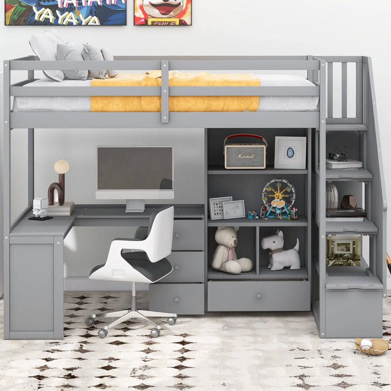 Loft Bed With L Shaped Desk, Drawers, Cabinet, And Storage Staircase by Unique Piece Furniture