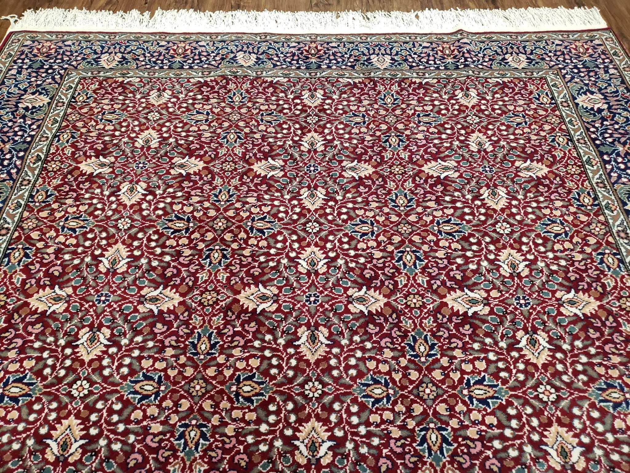 Vintage Turkish Sivas Area Rug 6.5 x 9.5, Wool Hand-Knotted Red & Midnight Blue Allover Floral Pattern Oriental Carpet, 6x9 Traditional Rug by Jewel Rugs