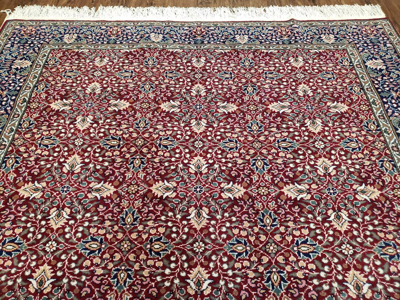 Vintage Turkish Sivas Area Rug 6.5 x 9.5, Wool Hand-Knotted Red & Midnight Blue Allover Floral Pattern Oriental Carpet, 6x9 Traditional Rug by Jewel Rugs