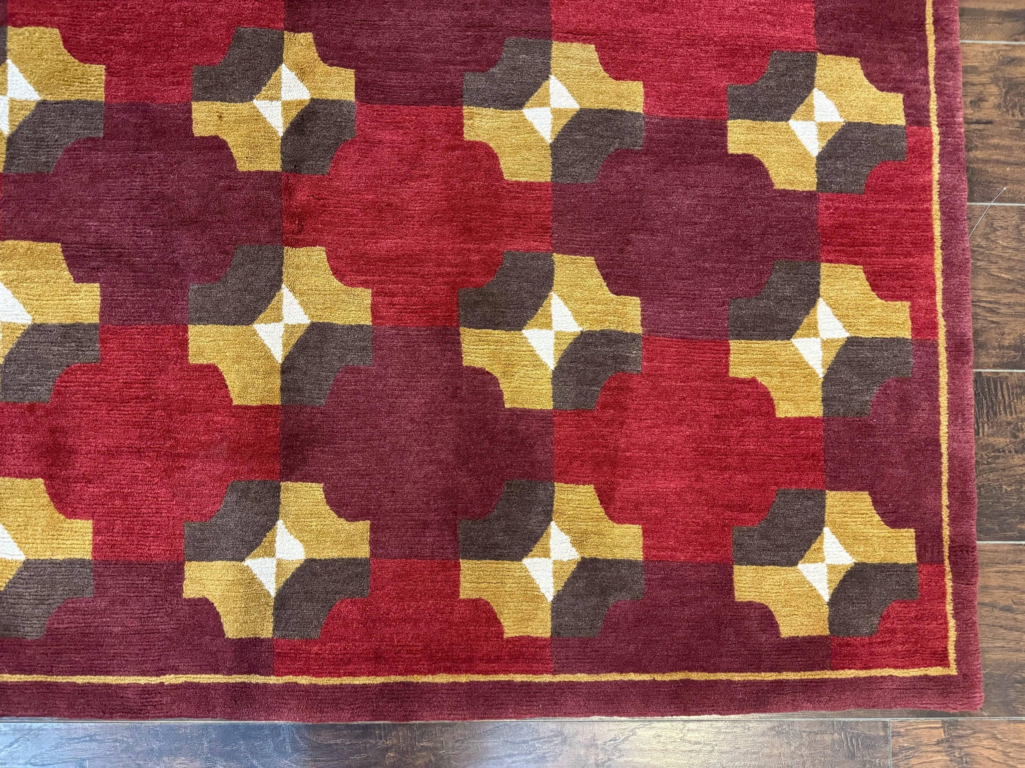 Modern Tibetan Rug 5 x 6.8, Wool, Red, Allover Pattern, Nepali Rug, Abstract Rug, Handmade Area Rug by Jewel Rugs
