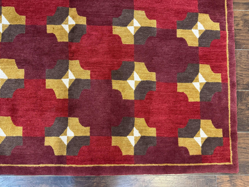Modern Tibetan Rug 5 x 6.8, Wool, Red, Allover Pattern, Nepali Rug, Abstract Rug, Handmade Area Rug by Jewel Rugs