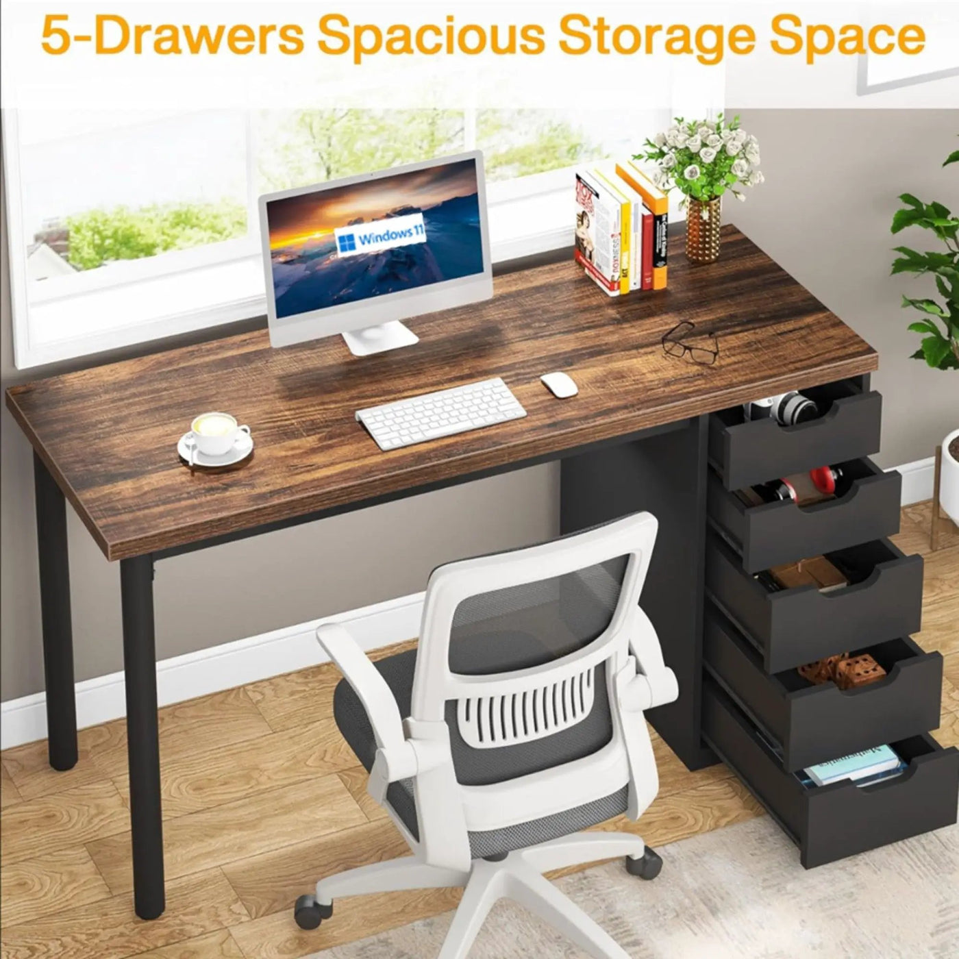 Computer Desk With 5 Drawers, Reversible Cabinet Design by HouseOfZazla
