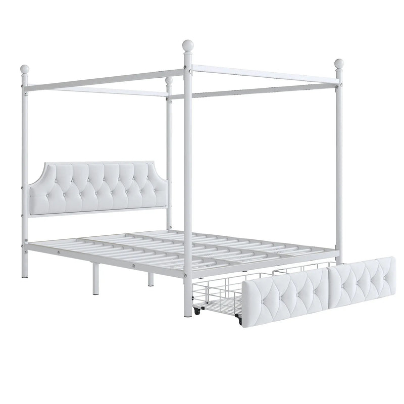 Queen Size Canopy Platform Bed With Upholstered Headboard And 2 Storage Drawers - White by HouseOfZazla