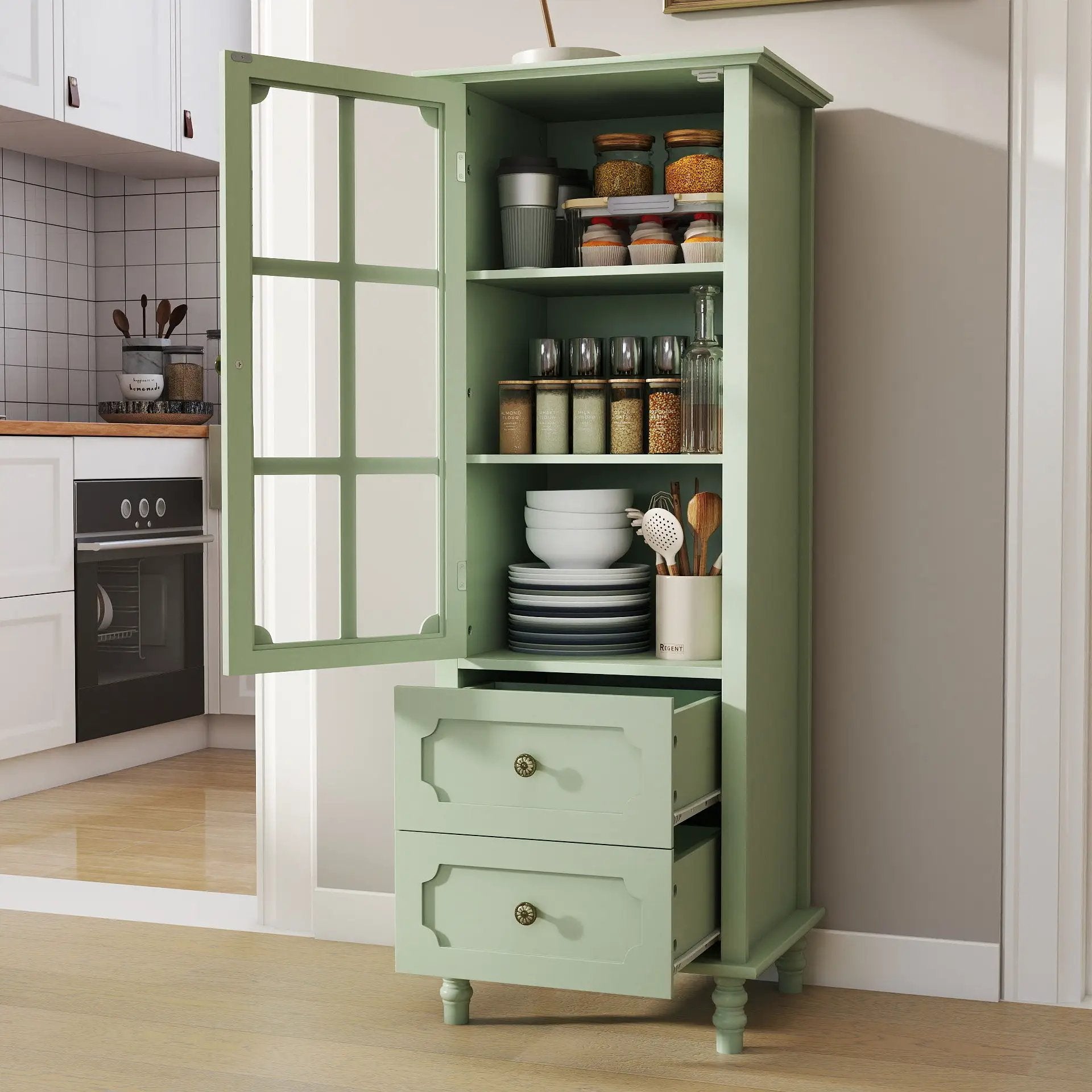 Minimalism Buffet Cabinet With Glass Doors And Double Drawer by HouseOfZazla
