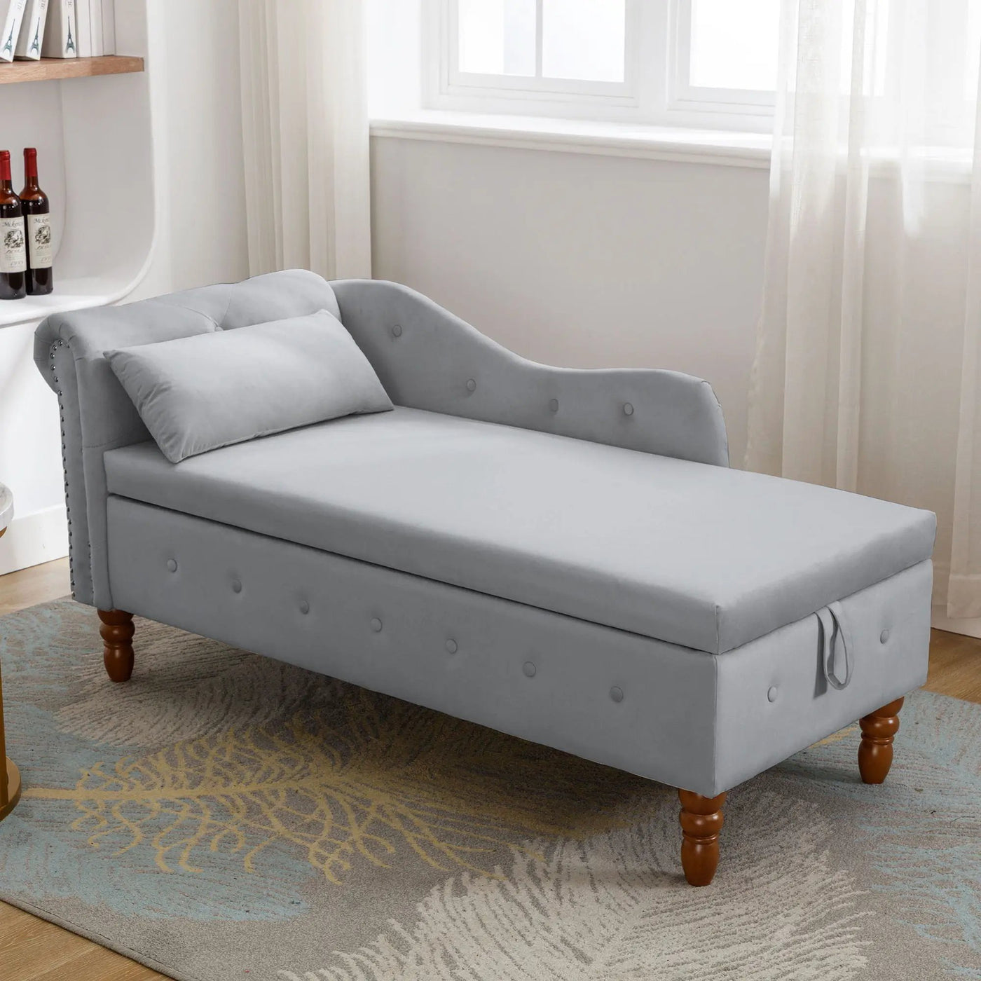 Chaise Lounge Indoor, Lounge Chair For Bedroom With Storage & Pillow, Modern Upholstered Rolled Arm Chase Lounge For Sleeping With Nailhead Trim For Living Room Bedroom Office by Unique Piece Furniture