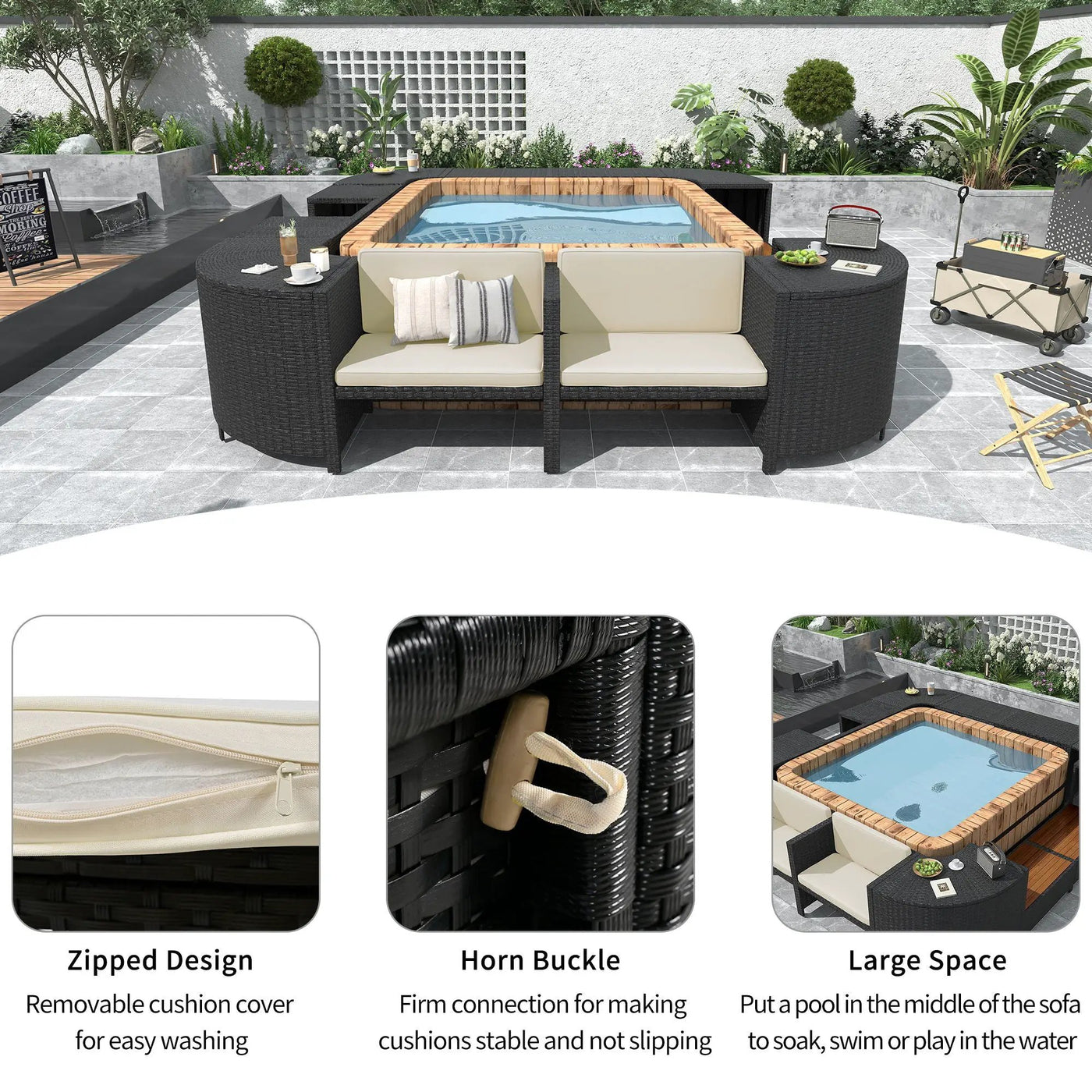 Spa Surround Spa Frame Quadrilateral Outdoor Rattan Sectional Sofa Set With Mini Sofa, Wooden Seats And Storage Spaces by Unique Piece Furniture