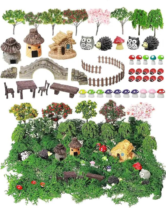 58 Pcs Mini Garden Accessories Set Fairy Village Miniature Fairy House Starter Kit Mini Terrarium Figurines Micro Landscape Mixed Model Tree Diorama Supplies for DIY Succulent Dollhouse Craft by GreenHaven Gardens