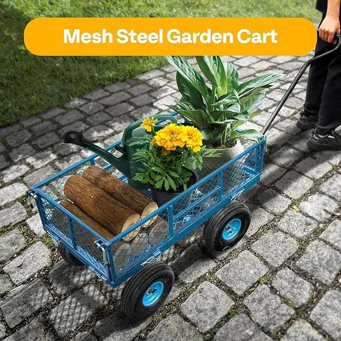 VIVOHOME Heavy Duty 880 Lbs Capacity Mesh Steel Garden Cart Folding Utility Wagon with Removable Sides and 4.10/3.50-4" Wheels 10 inch Tire (Blue) by GreenHaven Gardens