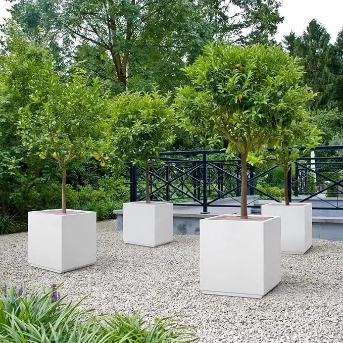 Metallic Heavy Planter Box for Outdoor or Indoor, No Assemble and Seamless, Large Square Planter, Cube Planter for Tall Trees, Plants, Flowers 21Lx21Wx24H 35Pounds White by GreenHaven Gardens