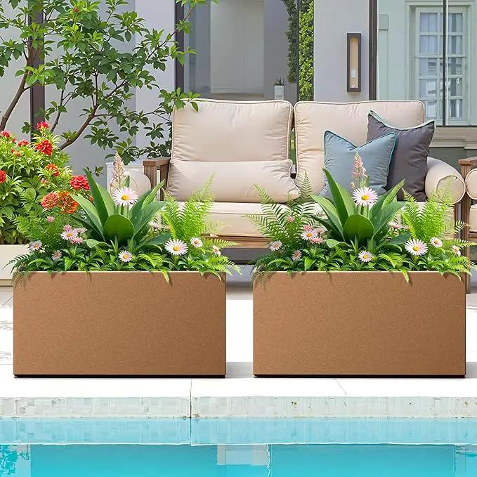 FENCY Metal Rectangular Planter Box, Large Planters for Outdoor Plants, Tall Planters for Outdoor Plants with Drainage Holes (32" L x 10" W x 16.3" H,Brown) by GreenHaven Gardens