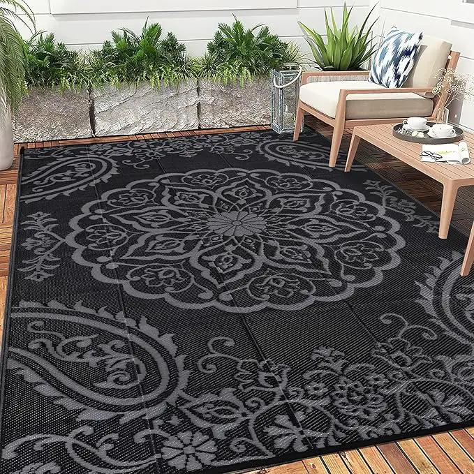 Pauwer Waterproof Outdoor Rug 6x9, Reversible Plastic Straw Patio Camping Rug, Indoor Outdoor RV Mat Carpet for Deck, Camper, Porch, Balcony, Backyard, Picnic, Boho Black Grey by GreenHaven Gardens