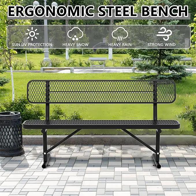 6 FT Heavy Duty Park Bench, Outdoor Metal Black Bench with Back-Commercial Steel Benches for Outside, 2-4 Person Seat-Garden Benches with Portable Frame for Outdoors by GreenHaven Gardens