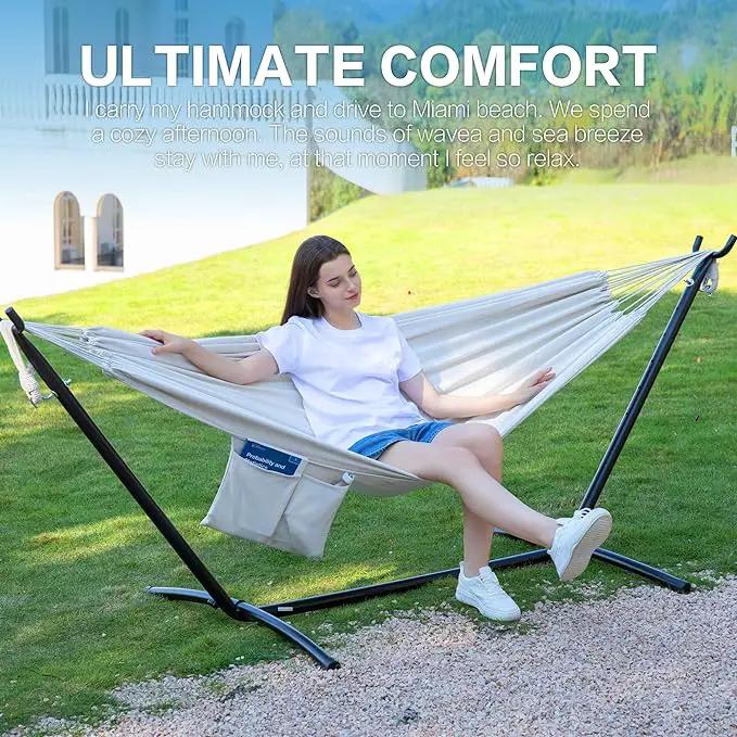 PNAEUT Double Hammocks with Stand for Outside, Portable Space Saving Heavy-Duty Steel Stand for Indoor Outdoor Patio with Carrying Bag, 450 lbs Capacity (Beige) by GreenHaven Gardens