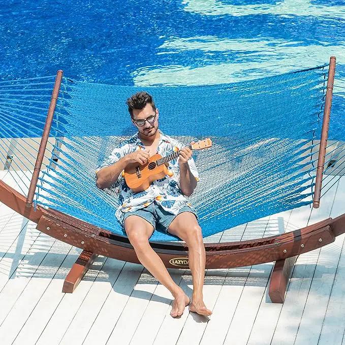 Lazy Daze Hammocks 10.5 FT Double 2 Person Caribbean Rope Hammock, Hand Woven Polyester Hammock with Spreader Bars, for Outside Outdoor Backyard Patio Poolside,450 LBS Capacity,SkyBlue by GreenHaven Gardens