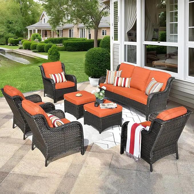 ovios 7 Pieces Patio Furniture Set, Outdoor Wicker Sofas with 4 Chairs, Ottomans and Comfy Cushions, All Weather High Back Couch Set for Deck Porch, Brown Rattan, Orange Red by GreenHaven Gardens