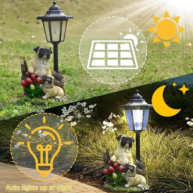 Solar Garden Country Farm Pug Dogs with Light, Outside-Outdoor Decorations Animal Statue for Patio Yard Lawn Walkway Ornaments Clearance Gifts for Mom Grandma Birthday by GreenHaven Gardens