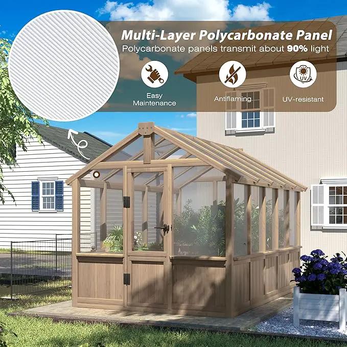 6x10 FT Green House for Outdoor, 6MM Thick Polycarbonate Panel Wooden Walk-in Greenhouse Kit with Lockable Door and Adjustable Roof Vent, Backyard Garden, Light Mocha Brown by GreenHaven Gardens