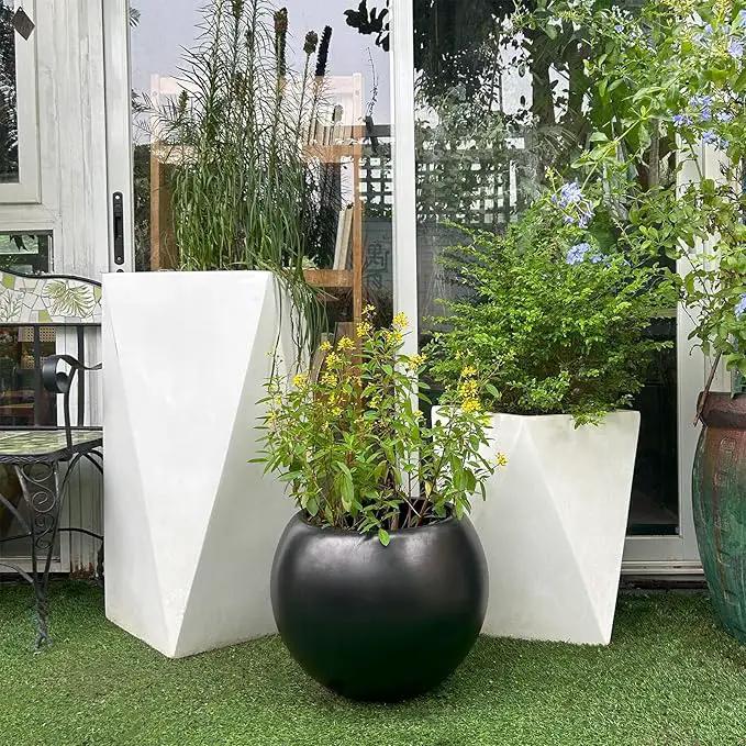 13.5 H x 17" Dia (12" Pot Opening) Round Fiberstone Planter with Drainage Hole, Black, Indoor/Outdoor Large Plant Pot for Home Patio Garden, Ideal for Large Plants by GreenHaven Gardens