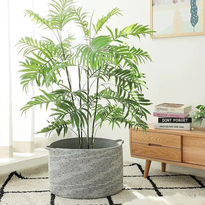 KAKAMAY Large Blanket Basket (20"x13"),Woven Baskets for storage Baby Laundry Hamper, Cotton Rope Blanket Basket for Living Room, Laundry, Nursery, Pillows, Grey with Blue & Brown Dotted by GreenHaven Gardens
