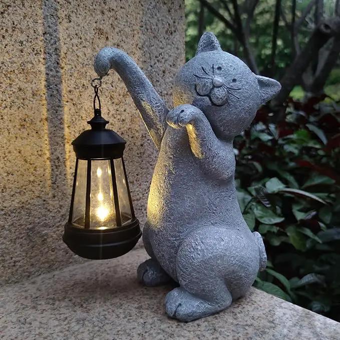 Cat Solar Garden Statues,Resin Cat Figurine Decorations with Solar Lights Lantern, Outdoor，Statue Decor Art for Lawn,Yard,Unique Housewarming Gift for Garden Home by GreenHaven Gardens