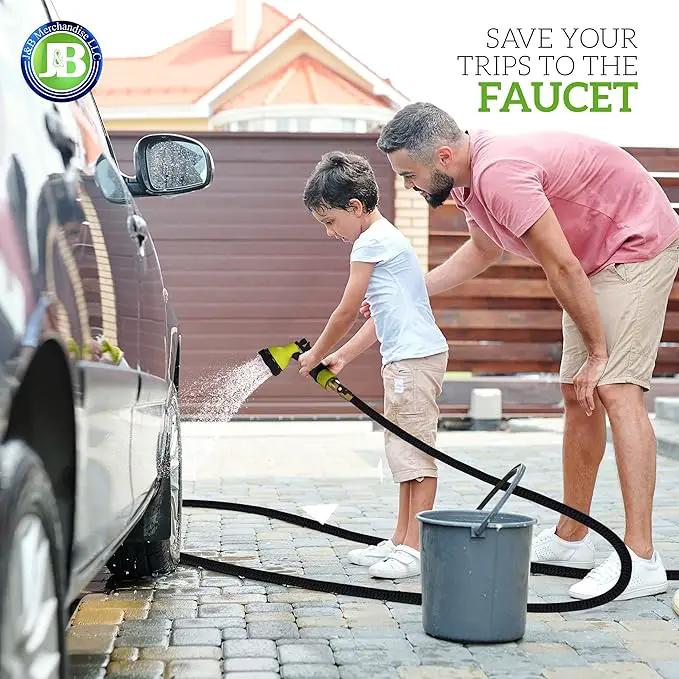 J&B XpandaHose 150ft Expandable Garden Hose with Holder - Heavy Duty Superior Strength 3750D - 4 -Layer Latex Core - Extra Strong Brass Connectors and 10 Spray Nozzle w/Storage Bag (Black 150) by GreenHaven Gardens