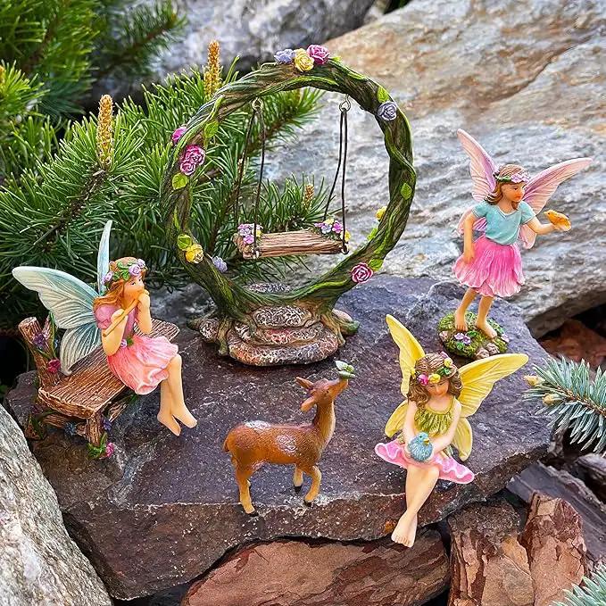 Mood Lab Fairy Garden Kit - Swing Set of 6 pcs Miniature Figurines & Accessories - Hand Painted for Outdoor or House Decor by GreenHaven Gardens