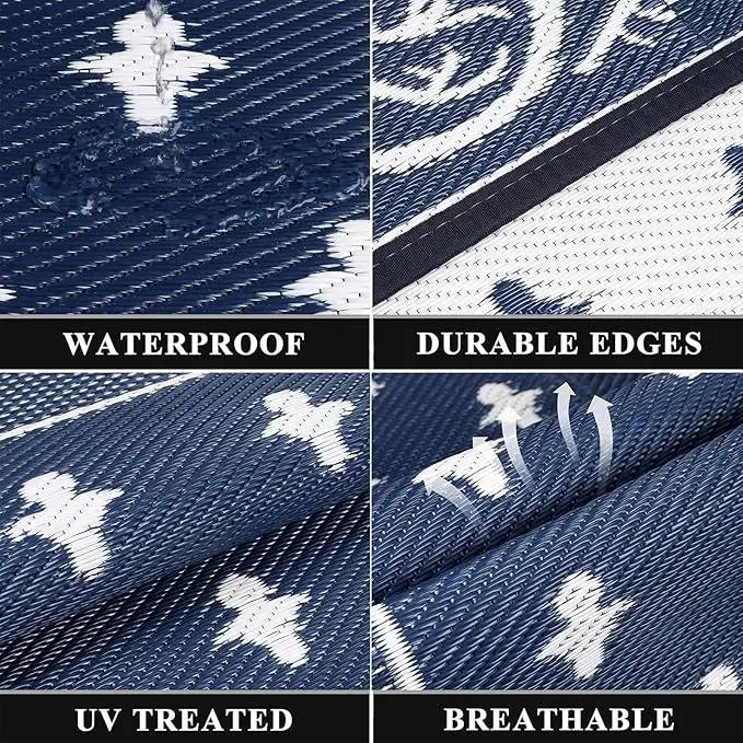 Pauwer Waterproof Outdoor Rug 6x9, Reversible Plastic Straw Patio Camping Rug, Indoor Outdoor RV Mat Carpet for Deck, Camper, Porch, Balcony, Backyard, Picnic, Bordered Navy by GreenHaven Gardens