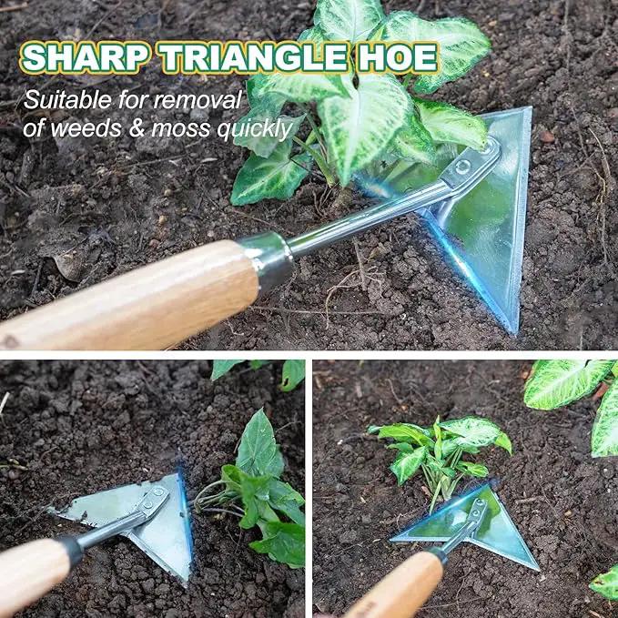 Berry&Bird Triangle Hand Hoe, 15.2'' Winged Weeder Garden Hoes with Short Wood Handle, Gardener Stainless Steel Warren Hoe, Garden Weeder Hoe Tool for Quickly Weeding, Edging and Gardening Tools by GreenHaven Gardens