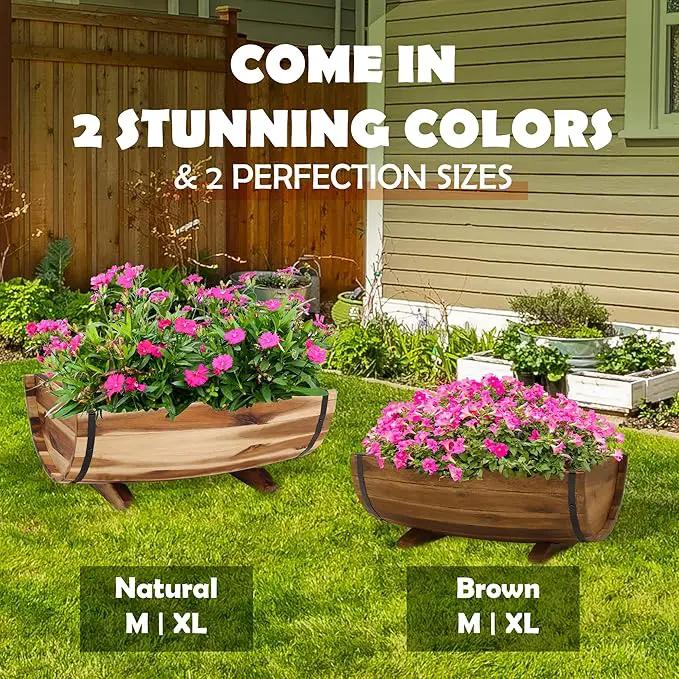 IDZO Solid Acacia Wood Half Barrel Planters Outdoor Set of 2 Different Sizes, Wooden Planters for Outdoor Plants with Metal Bands & Drainage Holes, Legs Included, Brown by GreenHaven Gardens