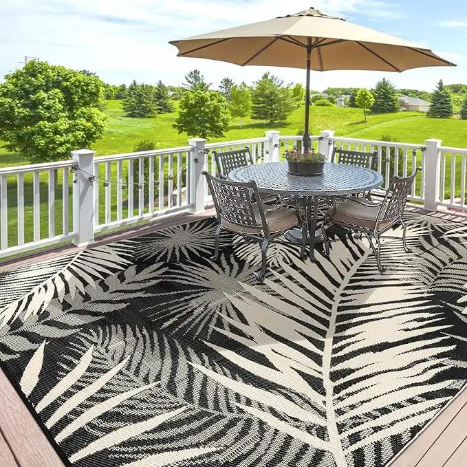 Outdoor Rug Waterproof for Patios Clearance, Reversible Outdoor Plastic Straw Rug Camping Carpet, Outside Floor Mats Large Area Rugs for RV,Patio,Deck,Porch,Beach, Balcony，8'x10',Black&Beige by GreenHaven Gardens