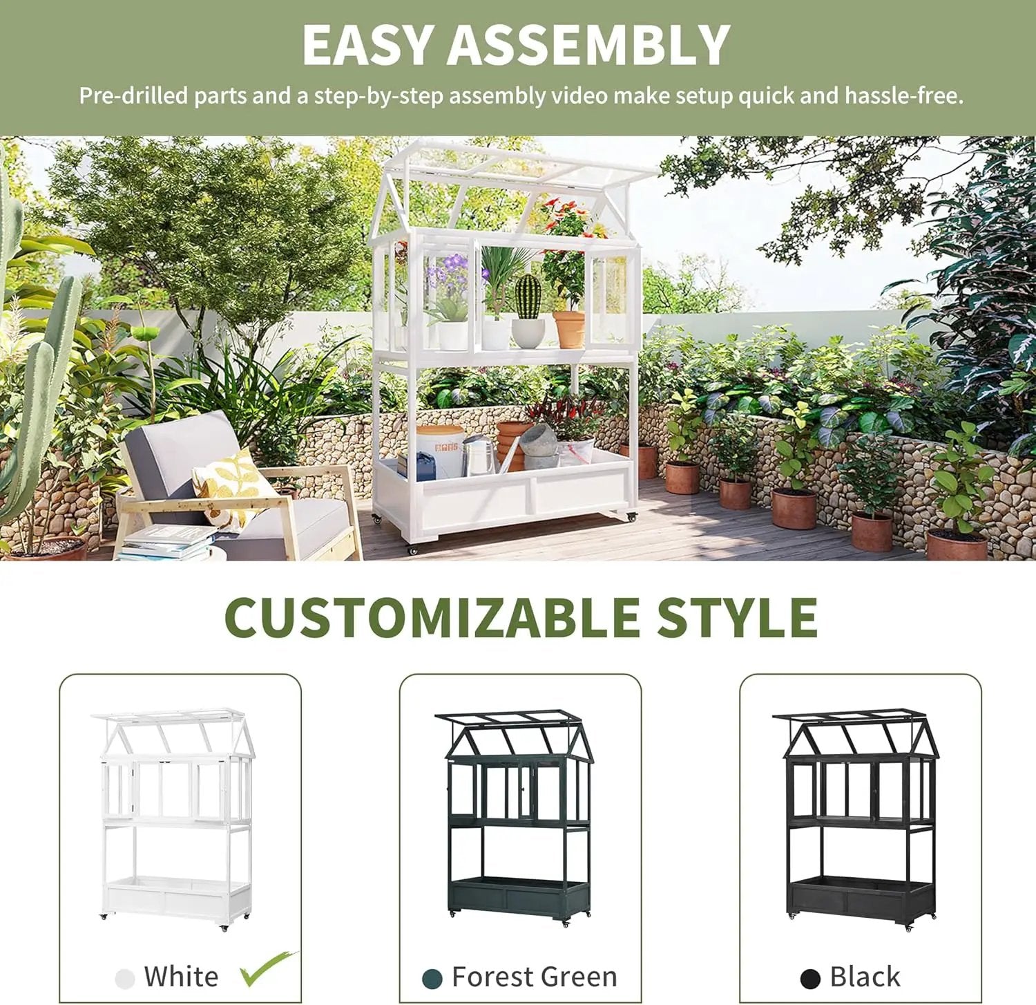 Greenhouse Cold Frames with Wheels - Adjustable Shelves Portable Cold Frame for Balcony/Patio, UV-Resistant Indoor Outdoor Plant Growing Cabinet (Large, Heavy-Duty) (White) by GreenHaven Gardens