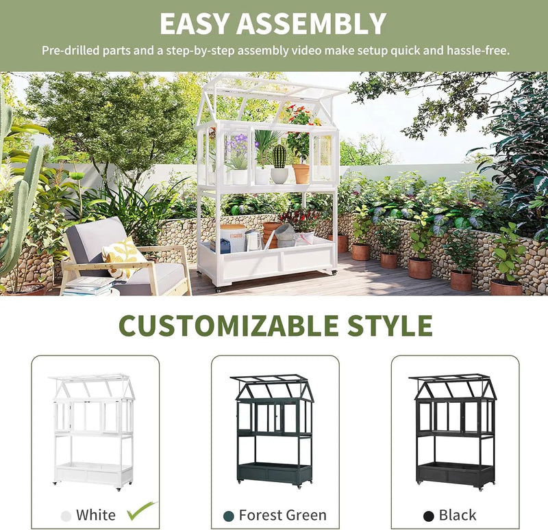 Garden Wood Portable Cold Frame - Mini Greenhouse with Wheels, Open Roof & Storage (White + Beige + Beige) by GreenHaven Gardens