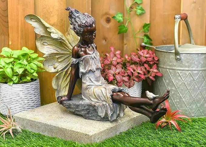 Fairy with Bird Bronze Tone 12.5 x 18 Inch Resin Stone Outdoor Garden Statue by GreenHaven Gardens