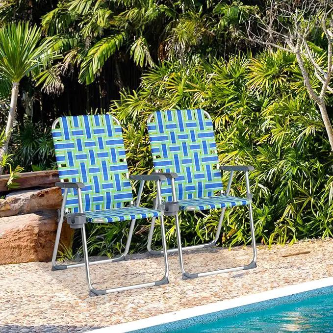 VINGLI Aluminum Patio Lawn Chairs Folding Set of 2 with Detachable Cup Holder, Webbed Beach Chair Folding Chair Outdoor Portable Camping Chair for Yard, Garden Blue alulawnchair by GreenHaven Gardens