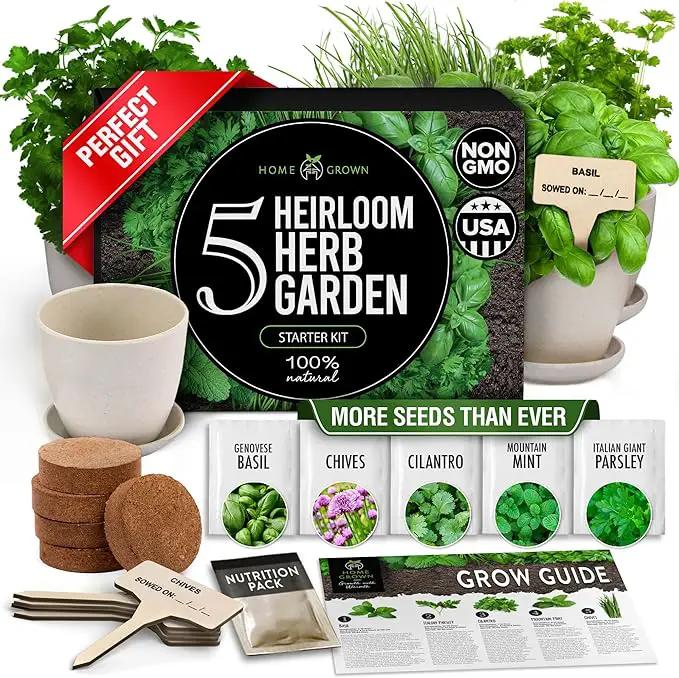 HOME GROWN Indoor Herb Garden Starter Kit - Christmas Gift for Gardeners - Complete 5 Herb Plant Grow Kit - Unique Gift for Mom, Women, Her, Men - Birthday Gift by GreenHaven Gardens