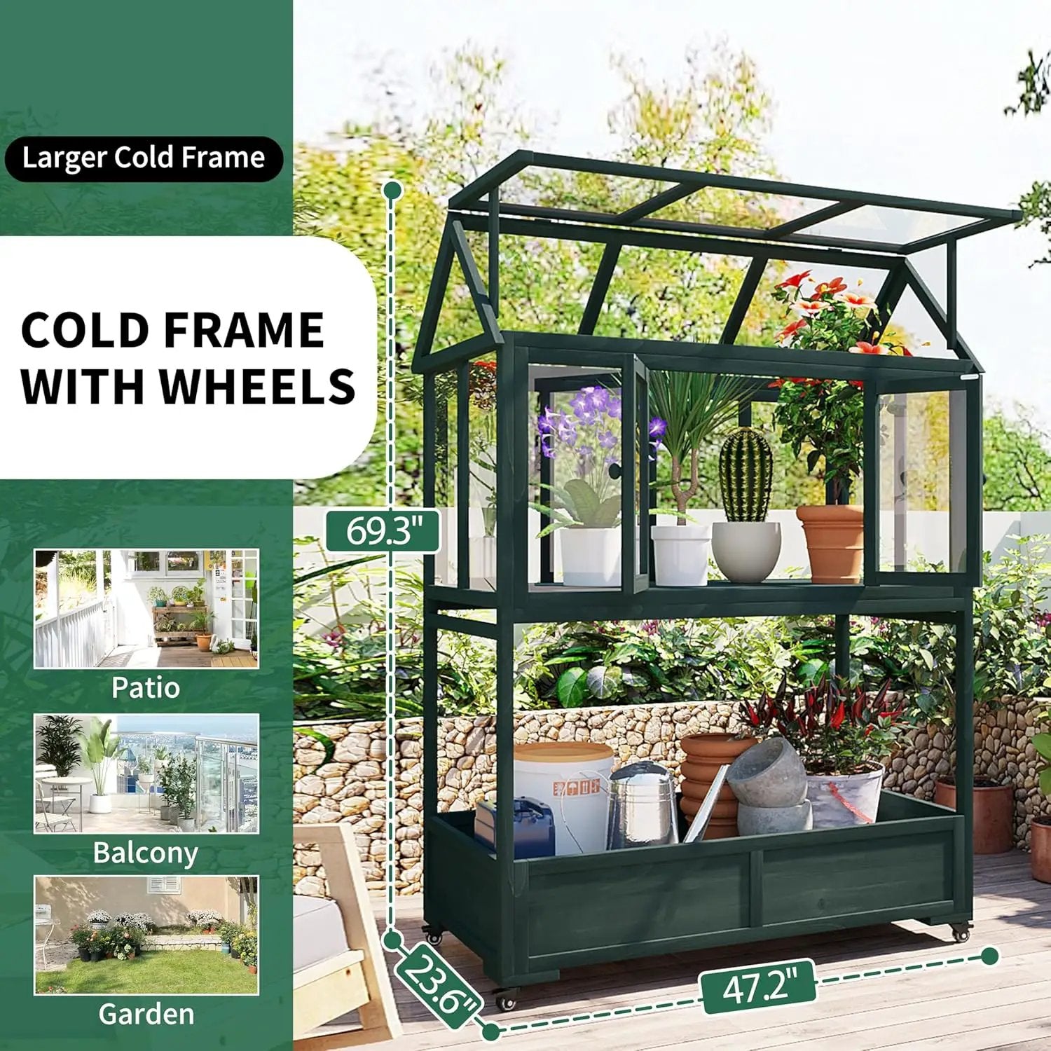 Portable Wooden Cold Frame Greenhouse with Wheels - 47" Mini Greenhouse with Adjustable Roof, Storage Box & Polycarbonate Panels - Plant Protector for Seedlings, Herbs & Winter Gardening (Green) by GreenHaven Gardens