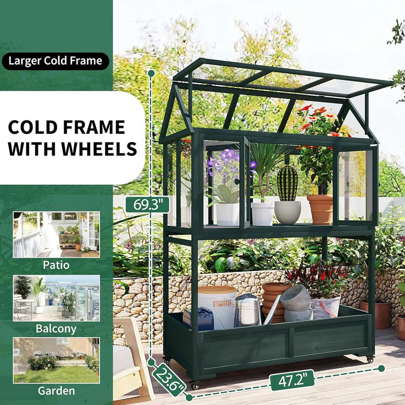 62" Wooden Greenhouse with Wheels - Adjustable Shelves Portable Cold Frame for Balcony/Patio, UV-Resistant Indoor Outdoor Plant Growing Cabinet (Large, Heavy-Duty) (Green) by GreenHaven Gardens